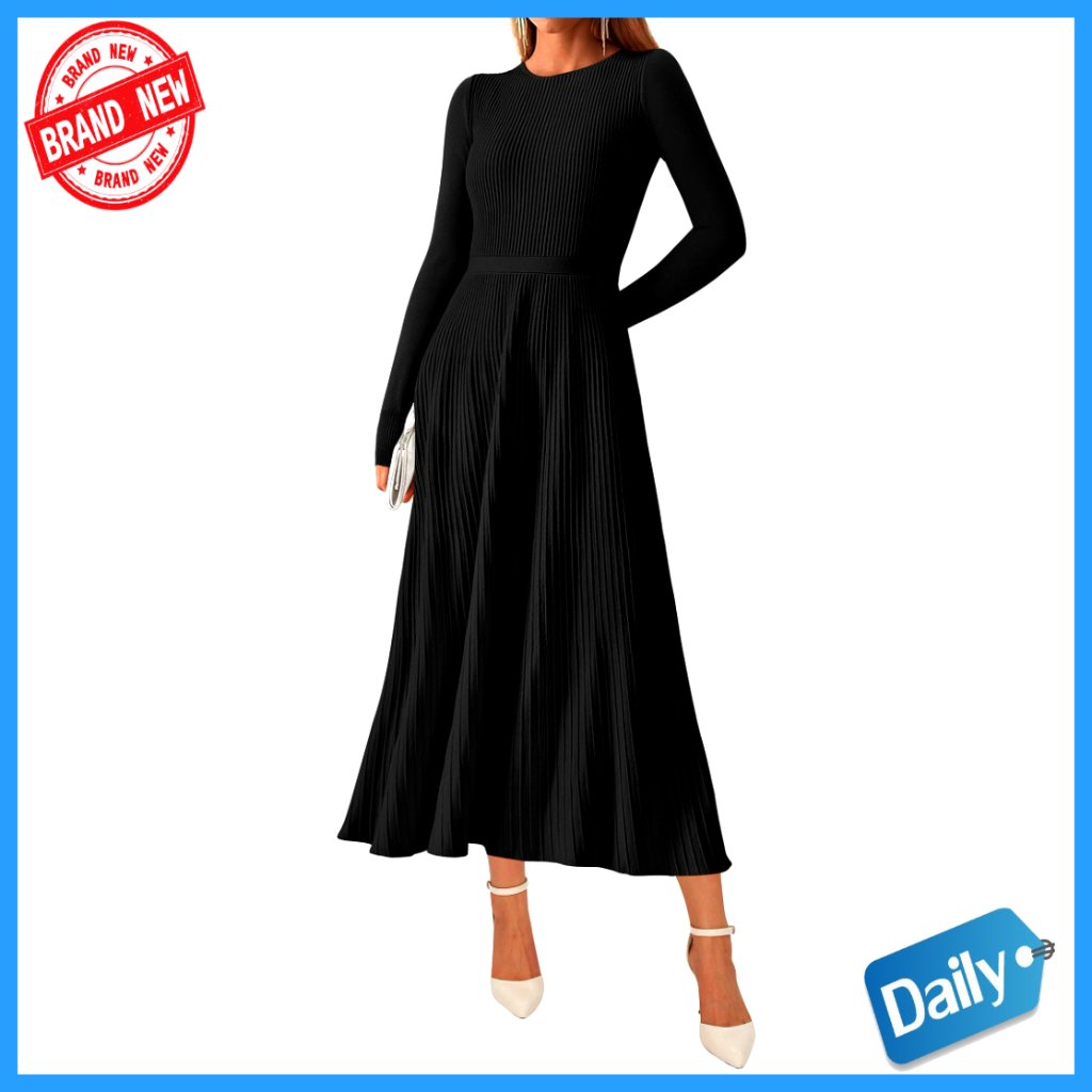 Slim Fit Ribbed Knit Sweater Dress Long Sleeve Midi A-Line Winter